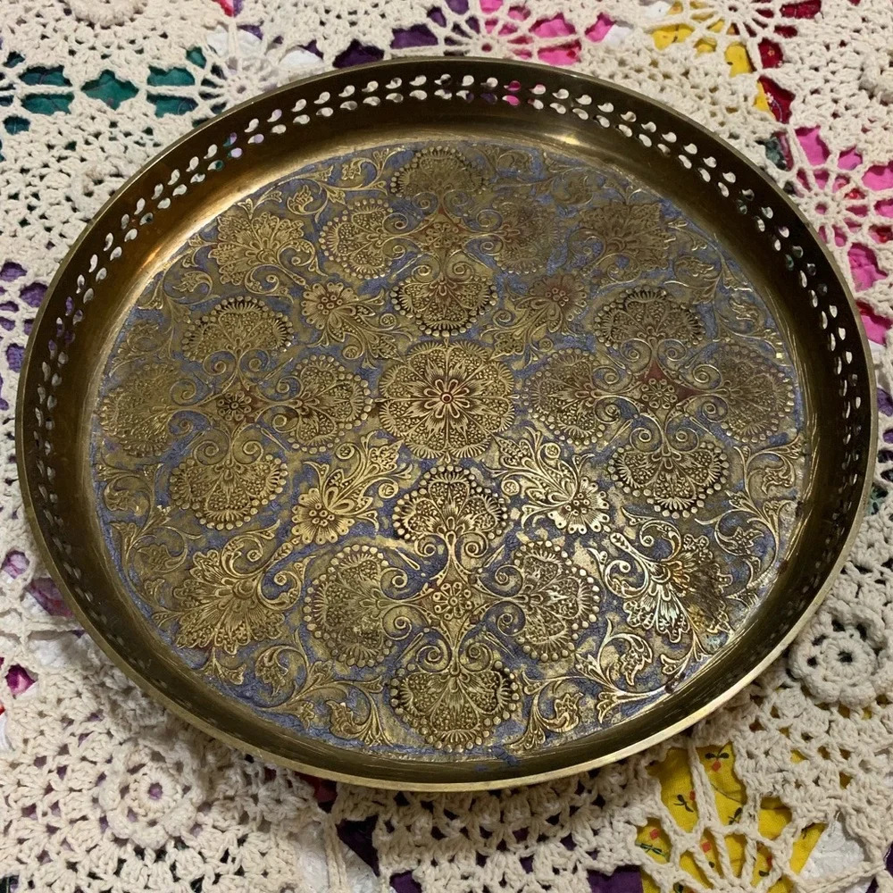 Vintage Penco Industries Inc Brass Metal Ornate Boho Round Vanity Plate Tray